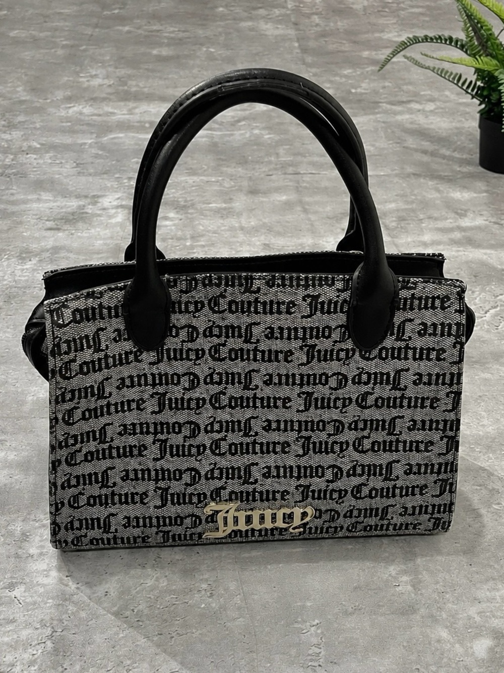Juicy Couture Monogram Jacquard Mini Tote Bag Black Gray Handbag Purse